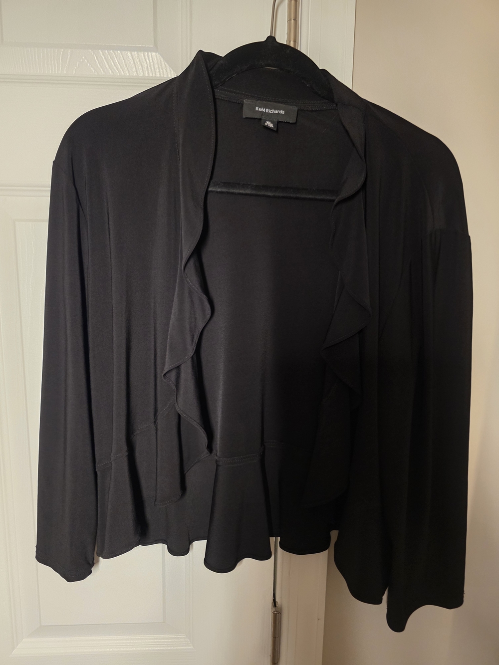 R&M Richards Black Open-Front Cardigan with Ruffle Trim